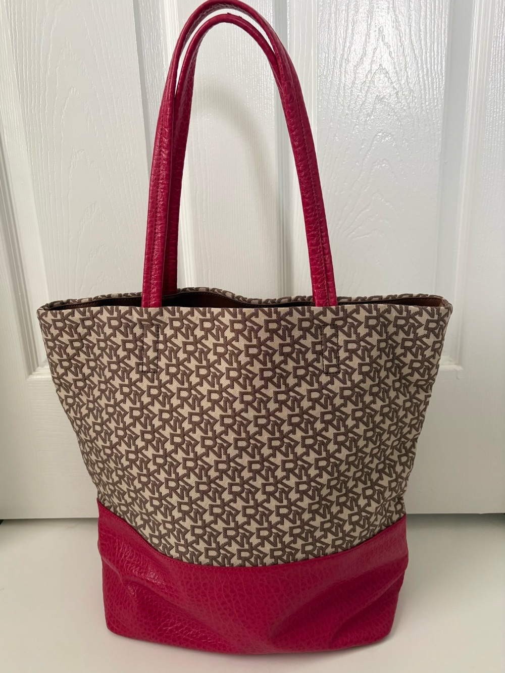 Donna Karen New York DKNY town and country Beige Pink Tote Bag leather trim NEW